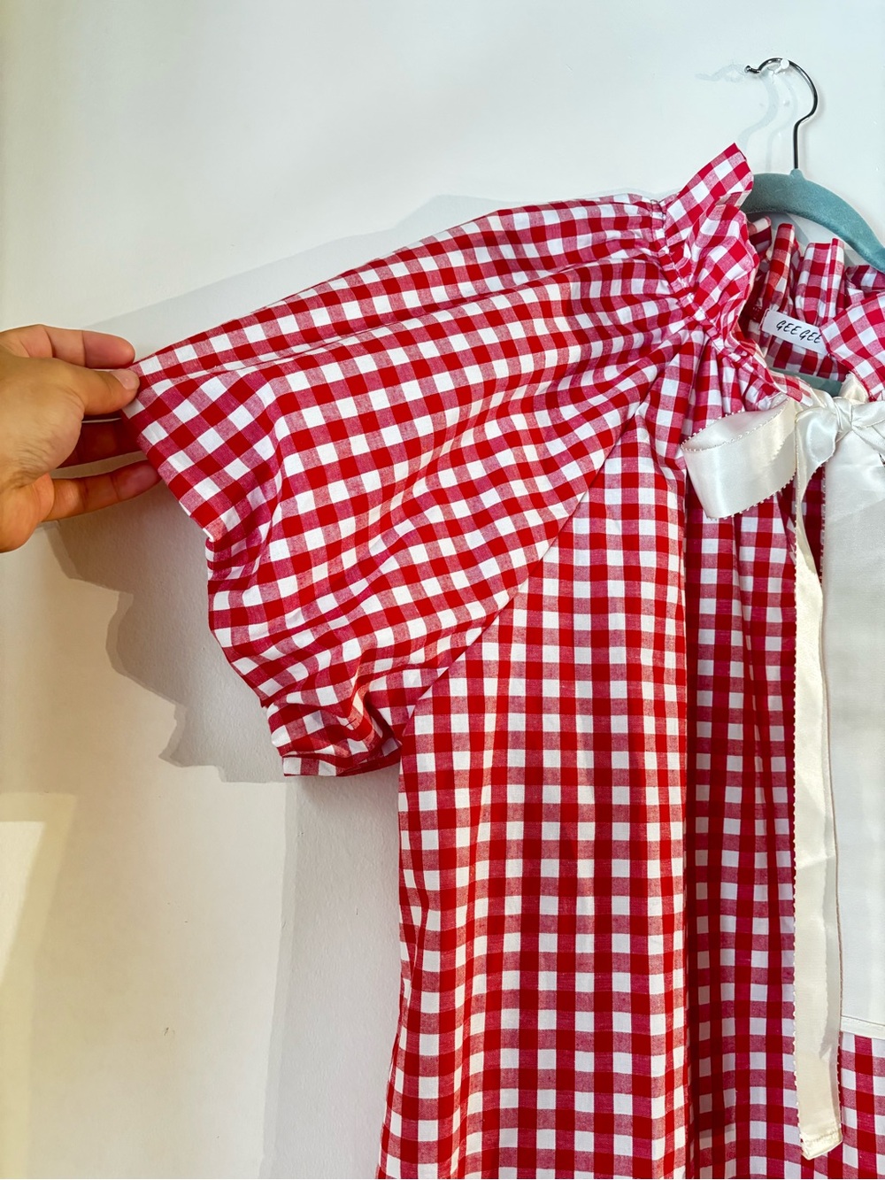 GeeGee Red Gingham Ribbon Bow Top with Ruffle Collar XL - Picture 5 of 8